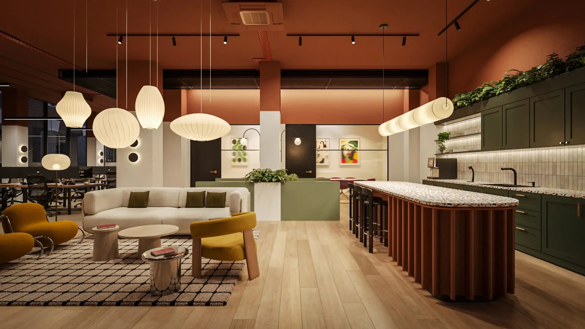 Lounge- und Küchenbereich mit warmem, einladendem Design